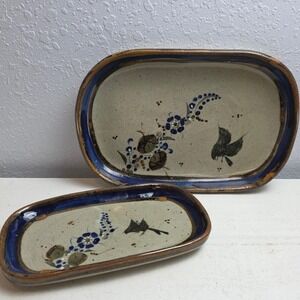 Vintage 60s Tonala Mexican Pottery Serving Platter & Tray Set Blue Floral Bird